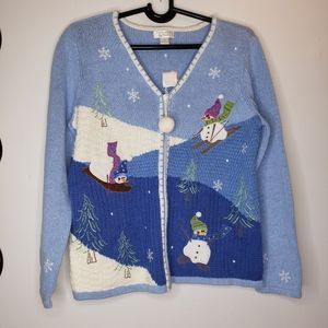 Christopher & Banks Blue/White Holiday Cardigan Size Medium